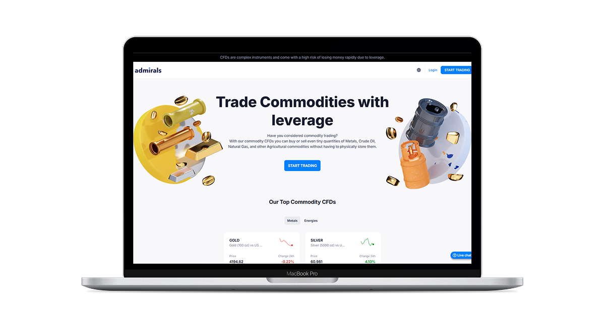 An Admirals commodities trading landing page shown on a laptop