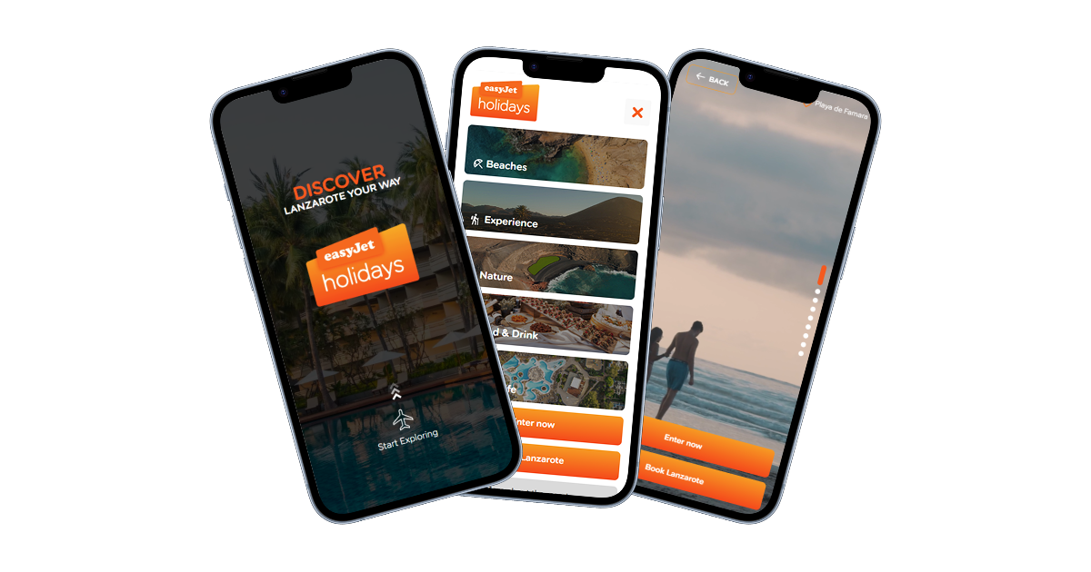 Three phone screens of the easyJet holidays “Discover Lanzarote your way” swipe experience