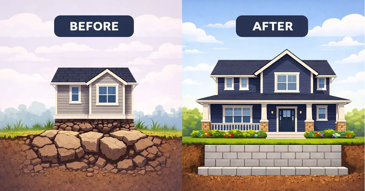 Illustration of a house on crumbling foundations (before) and the same house rebuilt on solid foundations (after)